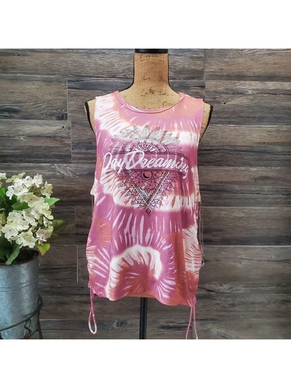 Boho Tribal Sleeveless Shirt Open Back "Day Dreaming" Ribbed Sides Size XXL